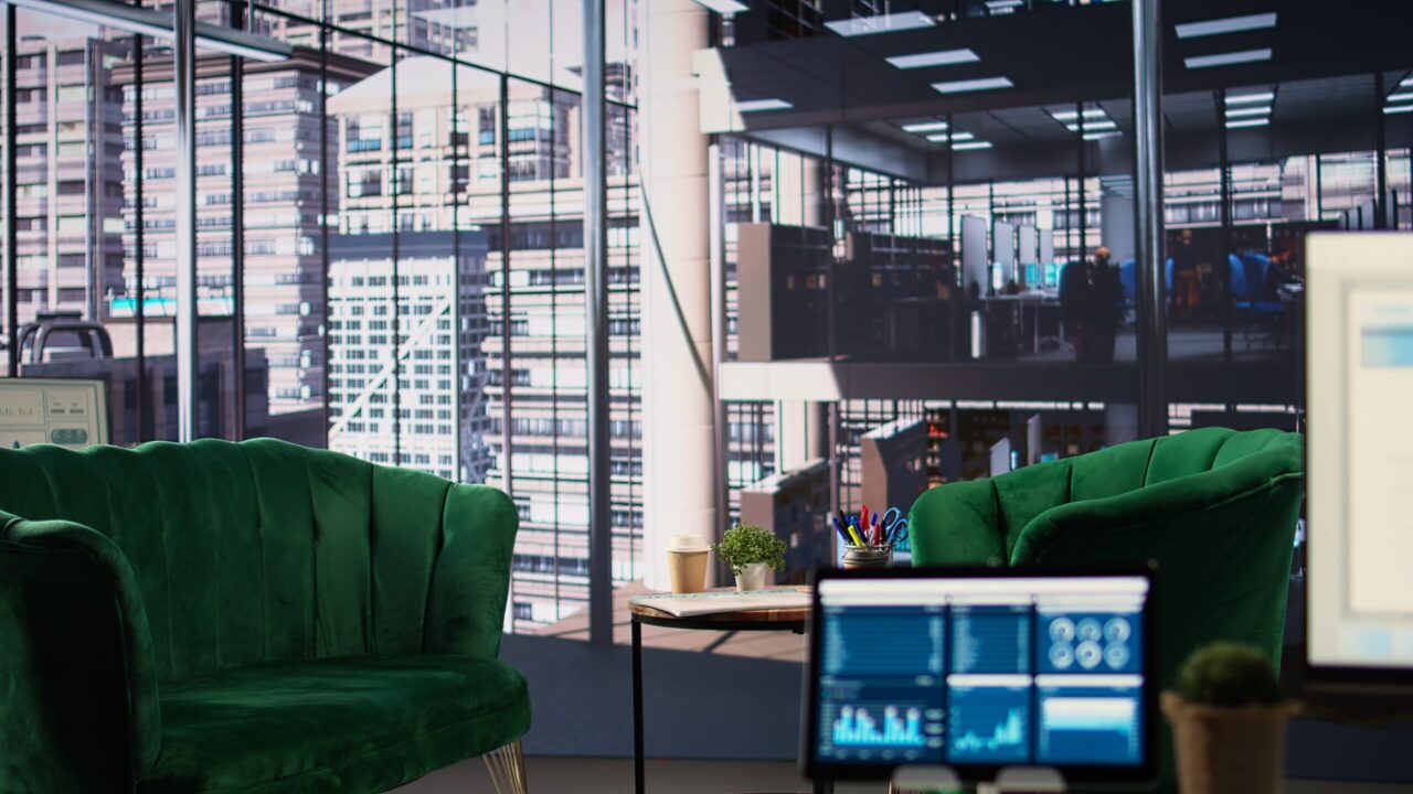 Empty boardroom space within an enterprise designed for productivity, office used for meetings and partnerships to expand the company. Luxurious high end workspace within the firm.